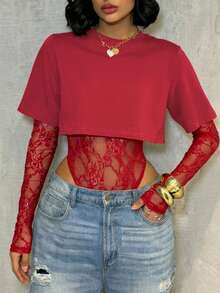 Women's Sexy Lace Patchwork T-Shirt, 2 In 1 Top, Solid Color Bodysuit, Suitable For Daily Wear, Dating, Singles Party, Stage Performance And Concerts, Spring/Summer Elegant - Red - View 6