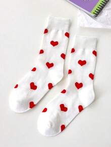 1 Pair Heart-Shaped Crew Socks, White Heart Pattern Knee-High Socks, Casual Versatile Sports Style Tall Socks - Heart-shaped Crew Neck Socks - View 9