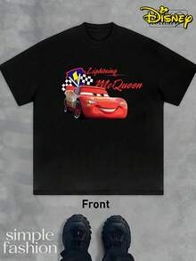 (220 Pure Cotton T-Shirt) Men's Summer Round Neck Short Sleeved Casual Pure Cotton T-Shirt, Printed With Disney's "Cars" Protagonist Lightning McQueen Lightning McQueen - 黑色 - 查看 3
