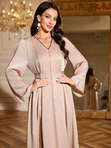 Women's V-Neck Long Sleeve Maxi A-Line Dress With Detachable Belt - Champagne - View 3