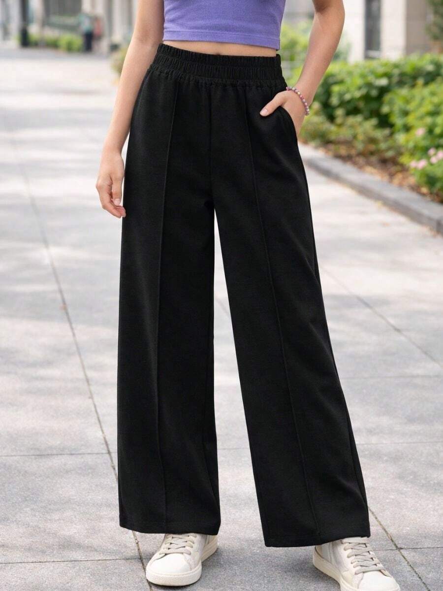 Black Wide-Leg, Palazzo Pants For Girls, Made From Textured, Cool, And Lightweight Dune Fabric With A Crease, Perfect For Back To School And Mid-Season. - 黑色 - 查看 1