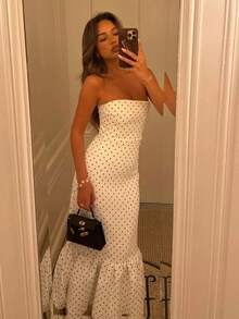 Women's Long Dress Stylish And Elegant Polka Dot Print Bandeau Slim Pleated Patchwork Hip Wrapping Sexy Summer Vacation Fresh Style Dress - 白色 - 查看 1