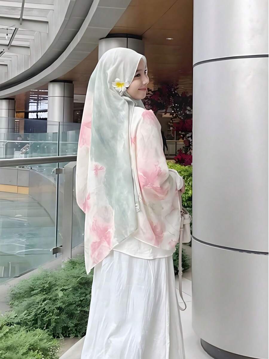 Bộ 1/2 khăn trùm đầu/khăn hijab bản rộng in họa tiết hoa kỹ thuật số dành cho nữ, kèm kẹp tóc, nhẹ, thoáng khí, mềm mại, chống nắng, thanh lịch, đa năng, phù hợp cho mọi mùa. - Nhiều màu - Xem 1