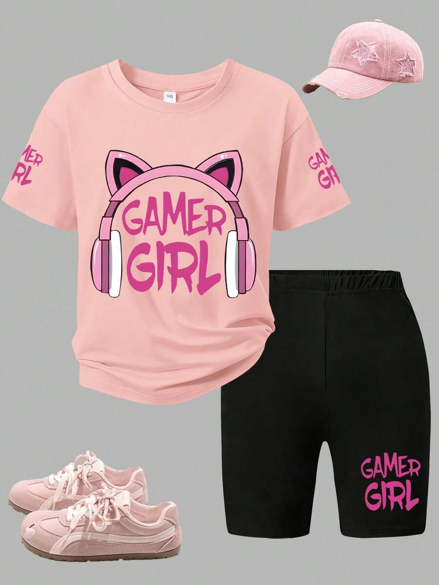 2pcs/Set Teenage Girls' Creative Print T-Shirt And Shorts Set, Street Style Casual Outfit For School And Daily Wear, Spring/Summer New Arrival - Pink - View 1