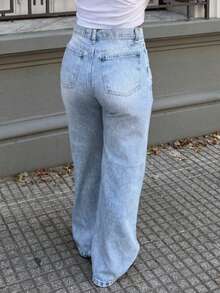 Women's Casual Denim Jeans (Waist Cinching And Hip Lifting - Small Size, Light Blue), Simple Style, Suitable For All Seasons, Loose Hem, Back Pocket Design, Suitable For Daily Wear - Light Blue - View 2