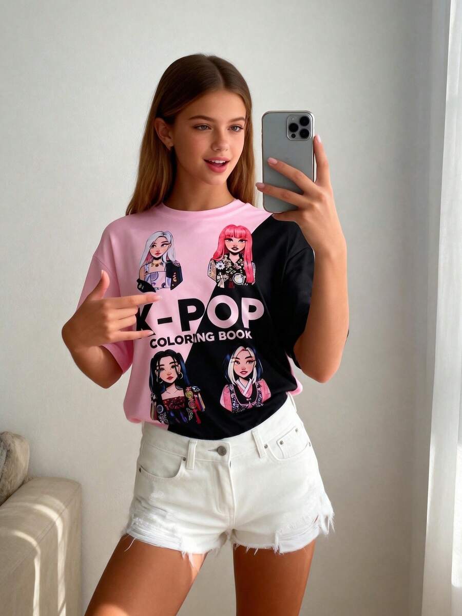 Camiseta infantil feminina de 8 a 12 anos com estampa de desenho animado em blocos de cores, gola redonda e manga curta. Ideal para o verão. - Rosa - Ver 1