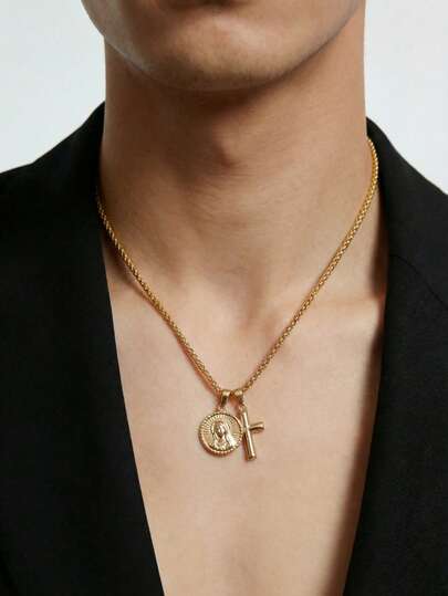 1条粗链十字架圣母玛利亚吊坠项链，适合日常佩戴，可作为送给男友、朋友或派对的礼物