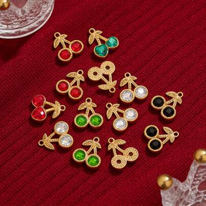 5件套304不锈钢吊坠套装，迷你水果樱桃造型，PVD镀金金属，可用于DIY耳环、项链、手链等饰品制作，批发