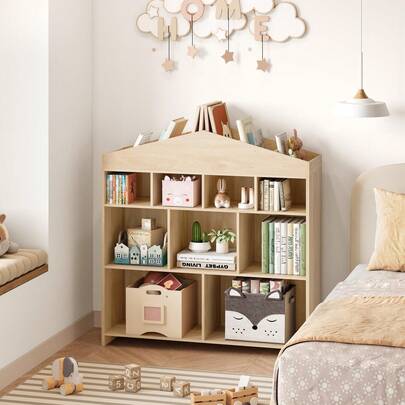 Estantería infantil, estantería habitación infantil, forma casa, estantería infantil, estantería habitación infantil, con 4 niveles, estantería juguetes, estantería almacenaje Montessori, mobiliario infantil para guardería sala juegos, 103,5x100