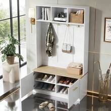 Hall Trees - Natural+White + MDF + Particle Board - View 1