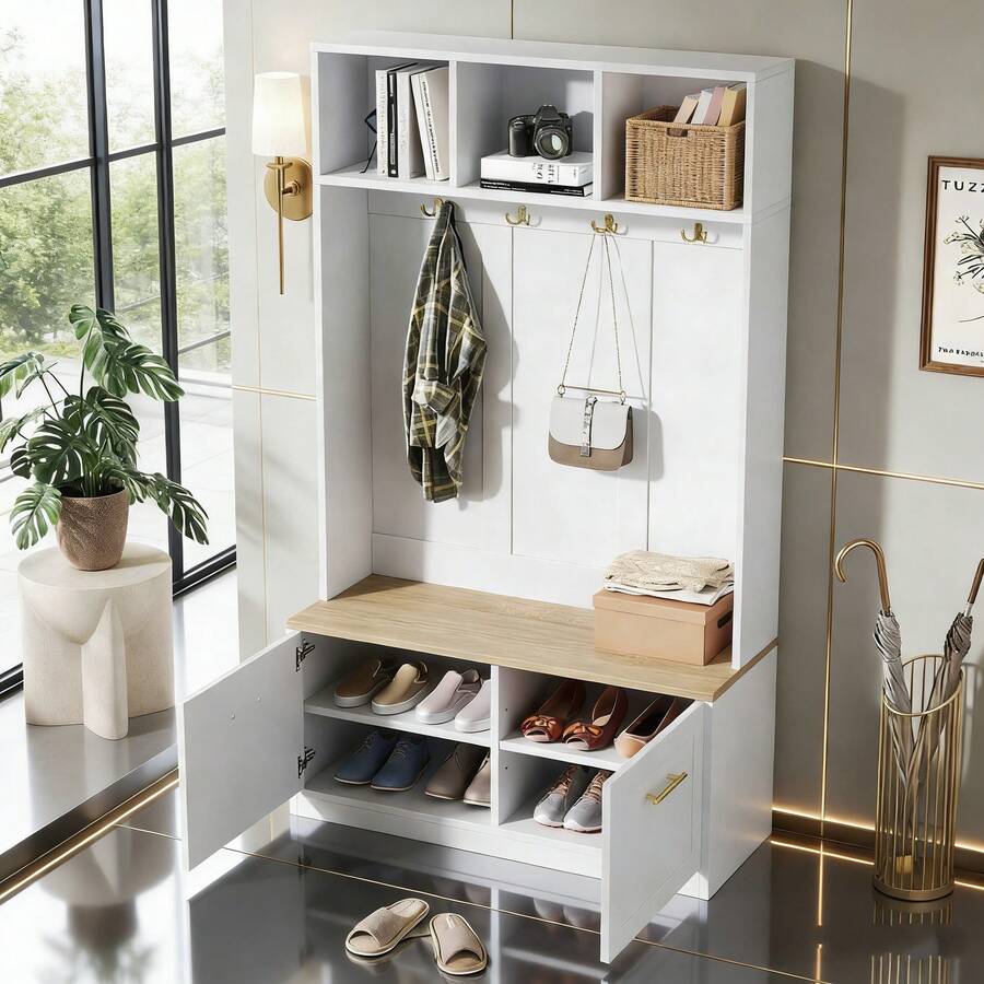 Hall Trees - Natural+White + MDF + Particle Board - View 1