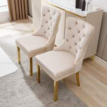 Dining Chair With A Unique Striking Unit At The Back, 2 Stations With Studded Head Trim, Gold Stainless Steel Support Legs, Velvet Fabric - Beige - View 4