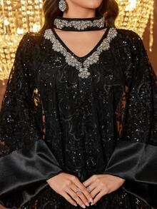 Đầm dạ hội dài tay cổ tàu bằng satin đính đá thủ công dành cho nữ của SUPGIR - màu đen - Xem 3