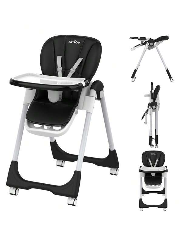 sejoy Baby High Chair With 4 Wheels, Adjustable Height And Backrest Angle In Multiple Gears, Suitable For Infants And Toddlers, With Detachable Plates And Easy Folding For Convenient Storage