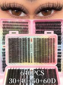 640 piezas Libro de pestañas con rizado 30+40+50+60D, pestañas agrupadas de longitud mixta, reutilizables, naturales y esponjosas, extensión de pestañas DIY, realce del maquillaje, adecuado para uso diario, fiesta, viaje, regalo de vacaciones, pestañas hechas a mano, pestañas de ojos de gato - D - Ver 11