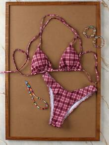 Bộ bikini hai mảnh kẻ caro buộc cổ, kiểu dáng thanh lịch, thoải mái, thích hợp cho kỳ nghỉ biển mùa xuân/hè dành cho nữ. - Nhiều màu - Xem 5