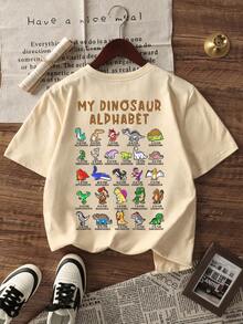 1件幼儿男童休闲恐龙字母印花圆领短袖T恤，夏季学生装 - 恐龙字母印花T恤为每个孩子带来欢乐和幸福！ - 杏色 - 查看 3