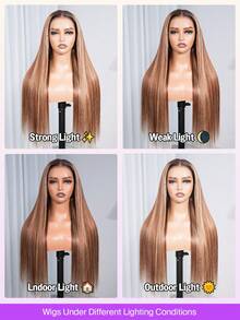 MEGALOOK 13x6 Super Brown & Golden Highlight Silky Straight Human Hair Wig, 100% Real Hair With Drawstring, Pre-Trimmed Ear To Ear 3-Part Lace Wig, 180% Density Transparent Hairline, Highlighted Colored Wig, No Glue Needed, Natural Looking, Suitable For Daily Office, Halloween, Party, Y2K Bad Girl Vacation Style, Outdoor Cosplay, School, Christmas, Wedding, Festival, For Women - Multicolor - View 4