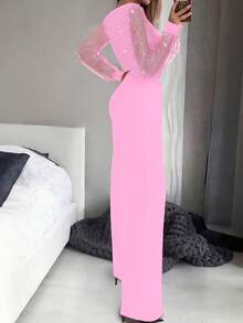 Women's Sexy Black Sequin Mesh Jumpsuit With Deep V-Neck Pink Elegant - Pink - View 2