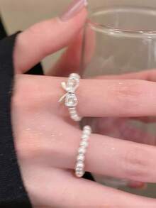 3件套芭蕾舞风格蝴蝶结珍珠串珠戒指套装，银色丝带蝴蝶结可调节叠戴戒指，优雅设计，日常佩戴饰品，送给女友、家人、圣诞节、情人节、生日、母亲节的礼物 - 銀色 - 查看 4