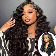Body Wave 200% Density 13x4 HD Transparent Lace Frontal Blended Human Hair Wigs 34 Inches Brazilian Pre Plucked With Baby Hair Water Wave Lace Front Wig For Women Natural Black - Natural & Black - View 4