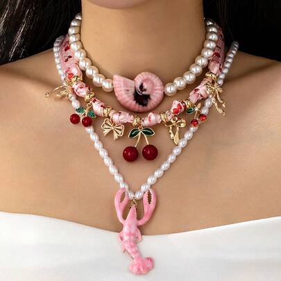 1pc Summer Bohemian Style Cherry Pendant Scarf Necklace, Lobster Clasp Seashell Faux Pearl Beaded Necklace, Women's Resort Style Accessory
