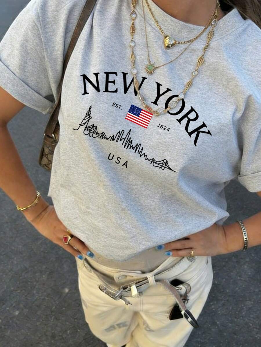 女士夏季新款简约时尚标语印花休闲度假风宽松圆领短袖T恤，时尚日常上衣，适合日常和度假穿着。女士T恤上衣。 - 淺灰色 - 查看 1