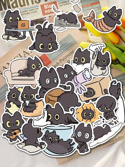 50张卡通调皮黑猫贴纸，趣味可爱设计，完美适用于吉他、滑板、剪贴簿、笔记本、平板电脑、派对、行李箱、桌面、礼品装饰 - 趣味贴纸