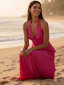 Conjunto coordinado para mujer de top con cuello halter y nudo frontal + falda larga, tela de gasa con espalda abierta, ideal para look casual y fiestas en verano - Rosa Fucsia - Ver 2