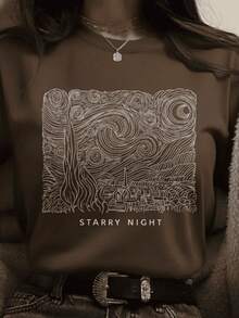 Tshirt Feminina Starry Night Estilosa Estampada Lançamento Camiseta 100% Algodão Camisetão Camisa - Maresia - Marrom - Visão 1