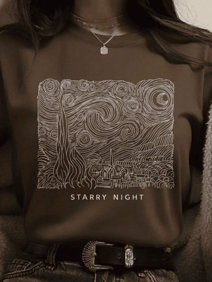 Tshirt Feminina Starry Night Estilosa Estampada Lançamento Camiseta 100% Algodão Camisetão Camisa - Maresia - Marrom - Visão 1