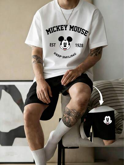 Disney 2pcs Mickey Mouse Print Men's Casual Loungewear Set, Round Neck Top And Shorts, Suitable For Spring/Summer