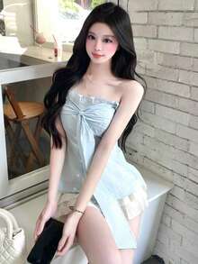 Sexy Blue Bowknot Strap Camisole Tank Top, Waist Cinching Slim Fit Tube Top For Summer - Blue - View 6