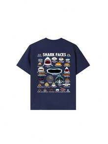 男童休闲印花圆领短袖T恤，夏季上衣 - 藏蓝色 - 查看 5