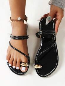 黑色雙帶女夏日涼鞋，新品上市，時尚百搭，平底，開放式腳趾，完美適合海灘、街頭風格 - 黑色 - 查看 7