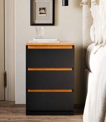 Beijing Bedside Table For Bedroom, 3 Drawers, Organizer, Compact MDF - 黑色 - 查看 1
