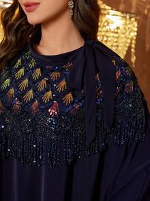 UNITHORSE 立领长袖贴花流苏优雅连衣裙 - 藏蓝色 - 查看 3