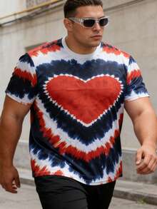 3D Heart Print Plus Size Short Sleeve T-Shirt, Fashionable Gradient Plus Size Men's Crew Neck Tee, Suitable For Workout And Casual Streetwear - Multicolor - View 1