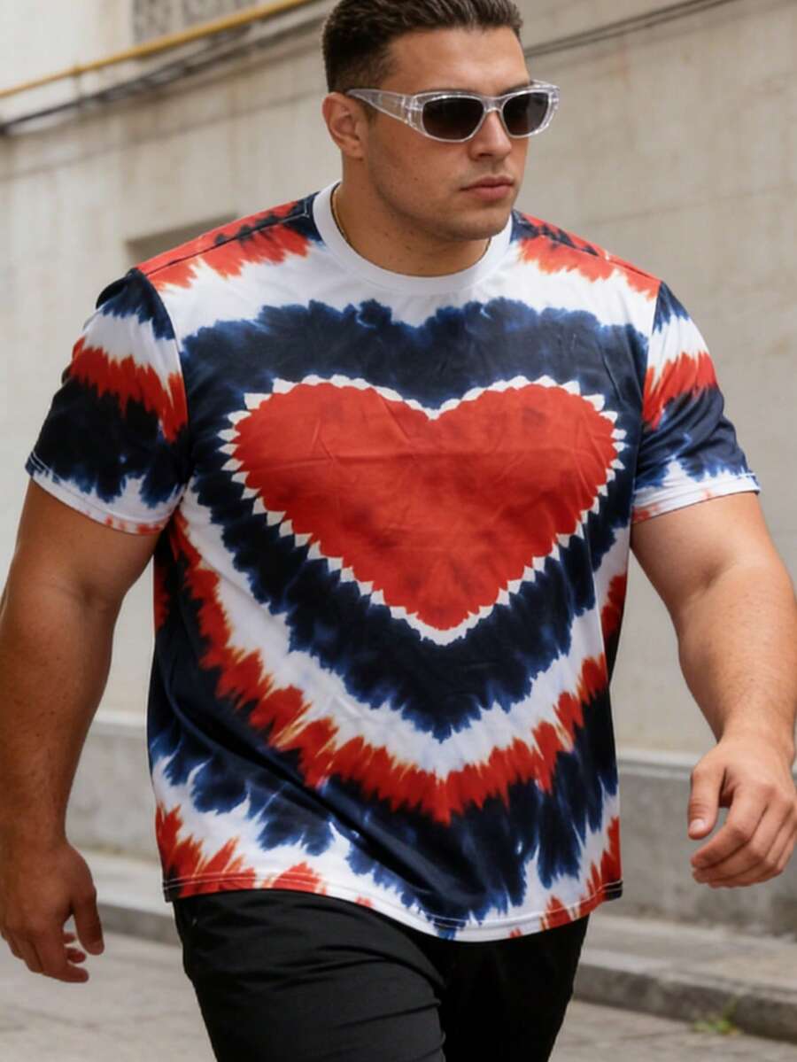 3D Heart Print Plus Size Short Sleeve T-Shirt, Fashionable Gradient Plus Size Men's Crew Neck Tee, Suitable For Workout And Casual Streetwear - Multicolor - View 1