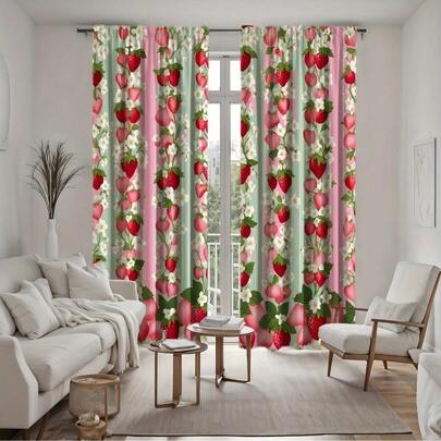 2片装亮丽草莓印花窗帘 - 高清数码设计，杆袋式，适用于客厅和卧室装饰，可机洗涤纶面料