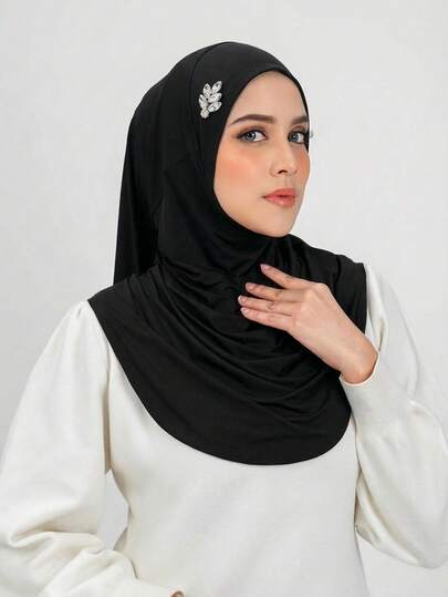 1件装女士纯色水钻速戴头巾，叶子水钻速戴头巾，弹性可调节下巴遮盖式马来头巾，适用于Khimar、Al-Amira，柔软舒适的祈祷头巾帽，全头覆盖多功能头巾