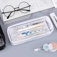 1pc Transparent Zipper Pencil Case, PVC Clear Stationery Bag, White/Black - A - View 8