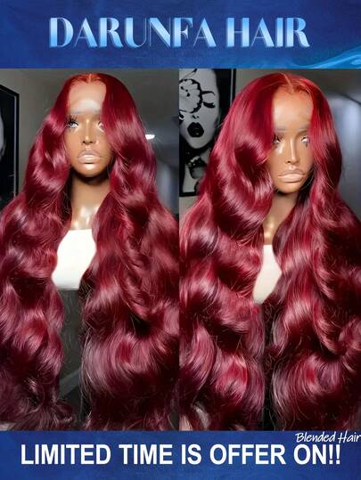 200密度水波纹13x4高清蕾丝前额假发，混合真人发丝，13x4高清酒红色99J预拔毛蕾丝假发，女士蕾丝前额假发