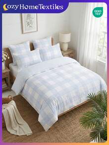 2/3 piezas Juego de Ropa de Cama con Estampado Numérico (1 Funda Nórdica + 1/2 Fundas de Almohada, Sin Relleno), Estampado a Cuadros Azul Claro, Juego de Ropa de Cama Transpirable y Cómodo, Suave y Antipelusas, Apto para Cama Doble/Matrimonial/Queen/King, Todo el Año, Múltiples Tamaños Disponibles, Lavable a Máquina, Decorativo para Dormitorio - Multicolor - Ver 9