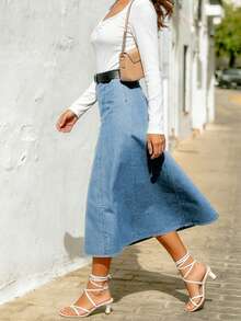 藏蓝色弹力牛仔半身裙，高腰显瘦A字喇叭裙，适合春夏休闲穿着 - 淺色水洗藍 - 查看 5