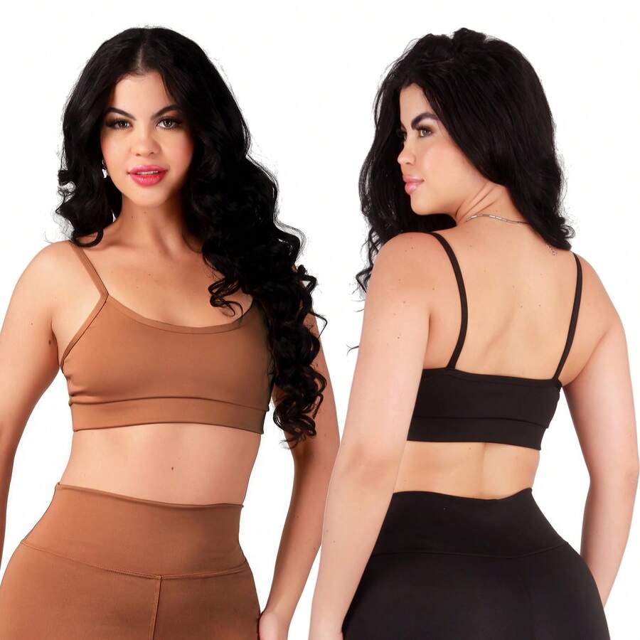Work Fitness Kit Of 2 Premium Reinforced Polyamide Strappy Sports Bras For Gym Use - Black and Caramel - View 1