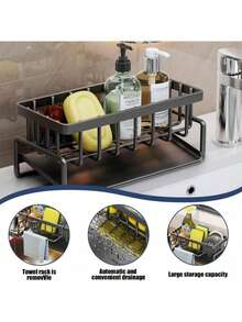Black Kitchen Sink Sponge Rack With Automatic Drain Tray Kitchen Sink Storage Rack Self-Draining Dish Soap Sponge Holder Countertop-Friendly ABS Plastic - Multicolor - View 6