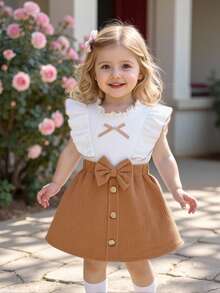 Set Bayi Perempuan Busur Ruffle Tombol Depan Blok Warna - Coklat - View 4