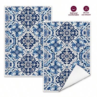 2pcs Blue & White Patterned Kitchen Towel Set, Soft & Highly Absorbent Cooking/Baking/Dish Cloths, Sweet Housewarming Gift For Friends, Kitchen Accessories, Home Decor, Daily Necessities