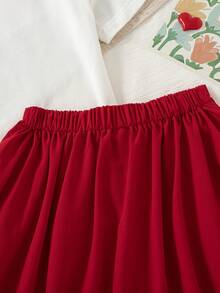 Girls' Casual Outgoing Fashion Solid Color Ruffle Decor Bow Design Drop Shoulder Short Sleeve Top And Elastic Waist Bow Pleated Mini Skirt Set, Summer - Red - View 9